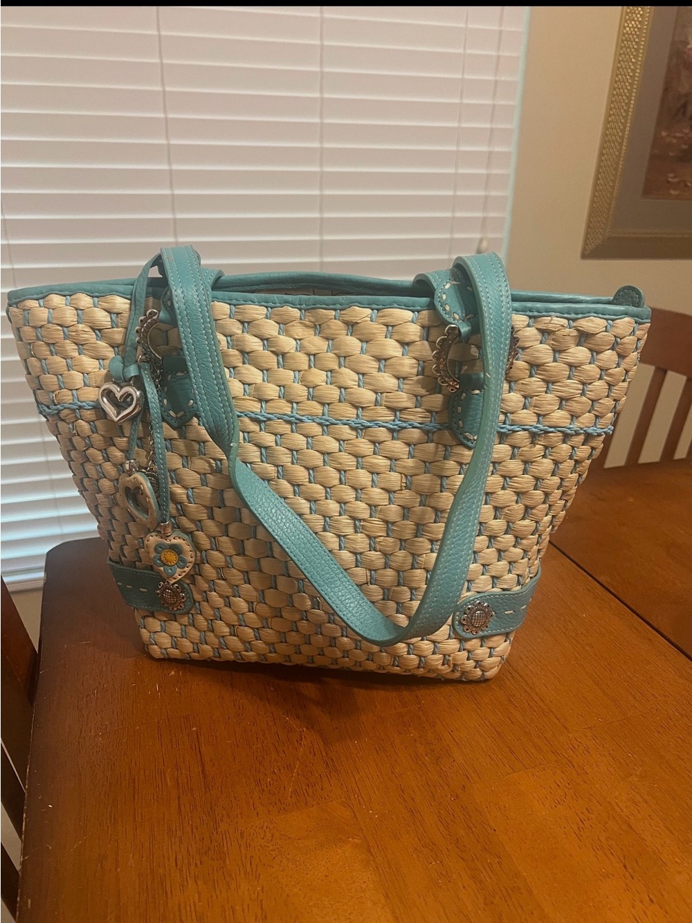 Woven Straw Tote with Turquoise Trim - Women Bags